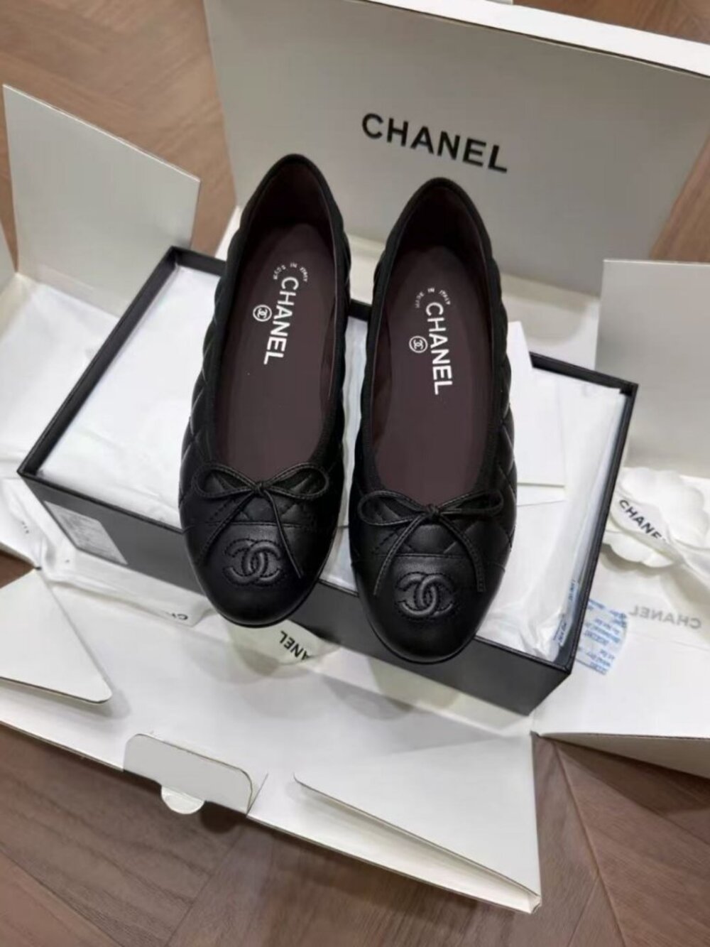 CHANEL Black Quilt‑Stitched Bow Ballerina Shoes
